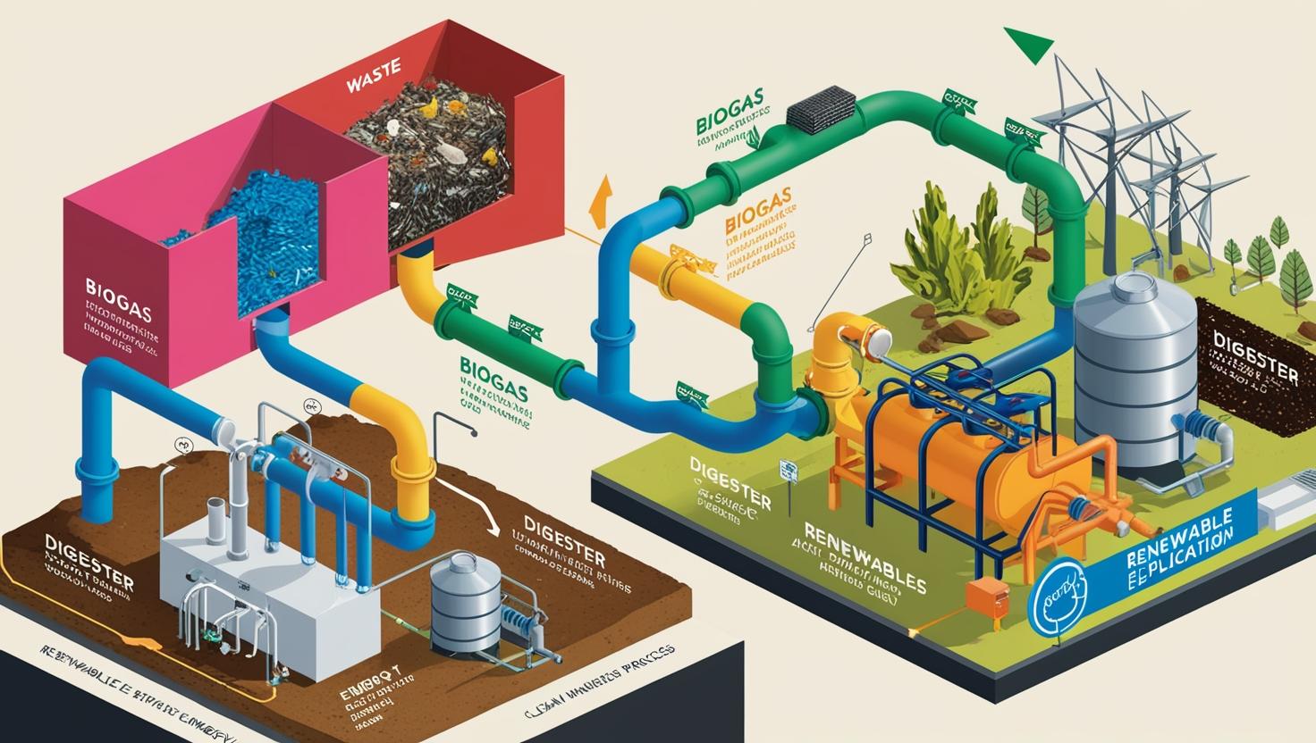 Illustration depicting the process of biogas conversion and use